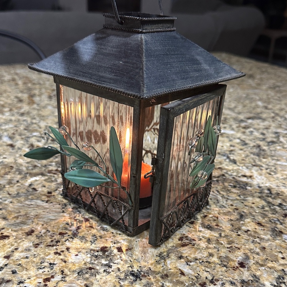 PartyLite Rustic Black Lantern with Green Metal Vines Candle Holder